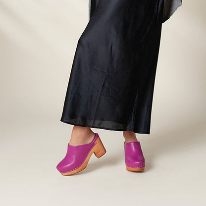 Fuchsia Vegan Leather Round Toe Chunky Heel Clog Platform Mules