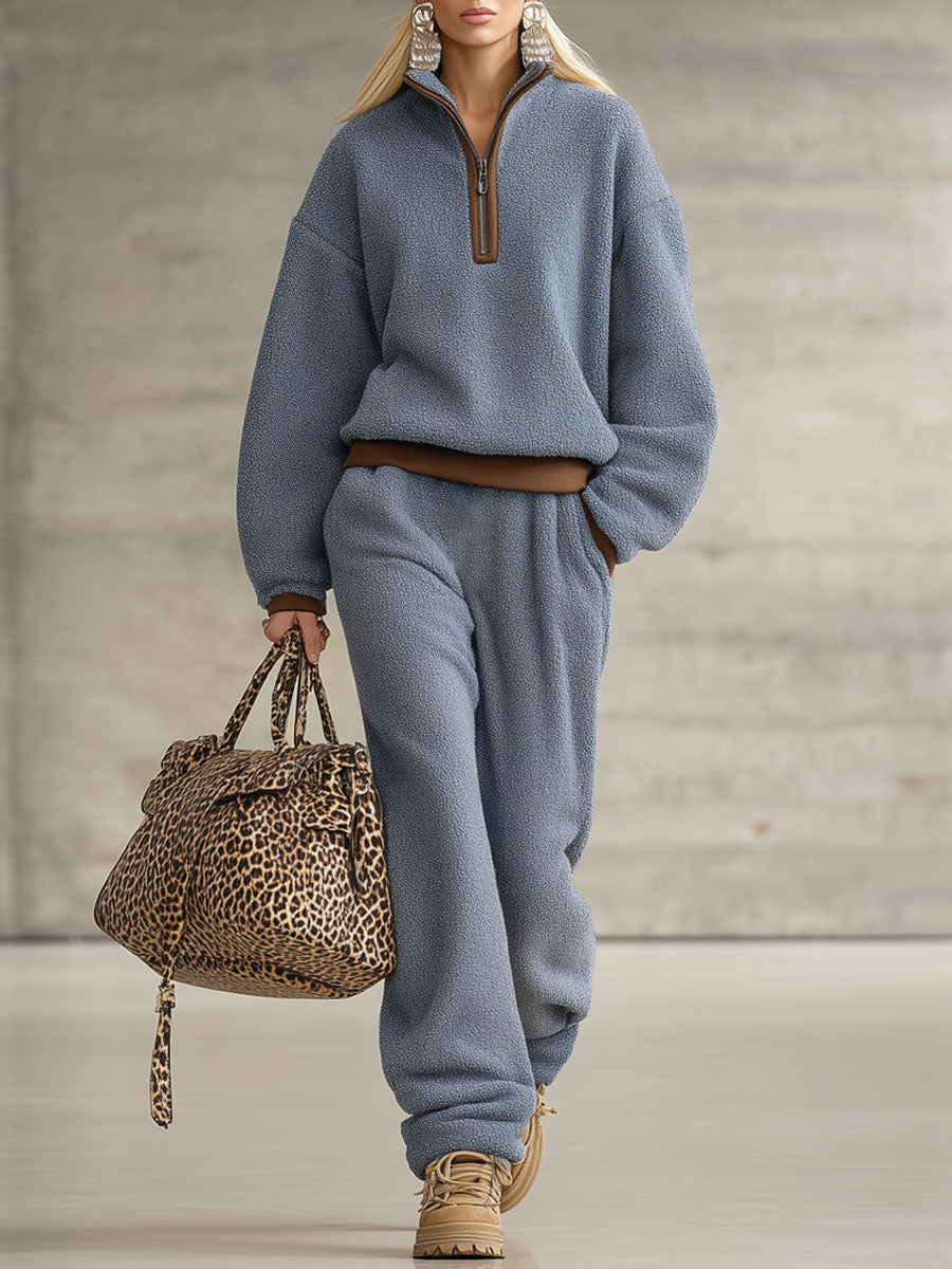 Fashion Retro Brown Trim Blue Polar Fleece Zipper Sweatshirt Pants Set