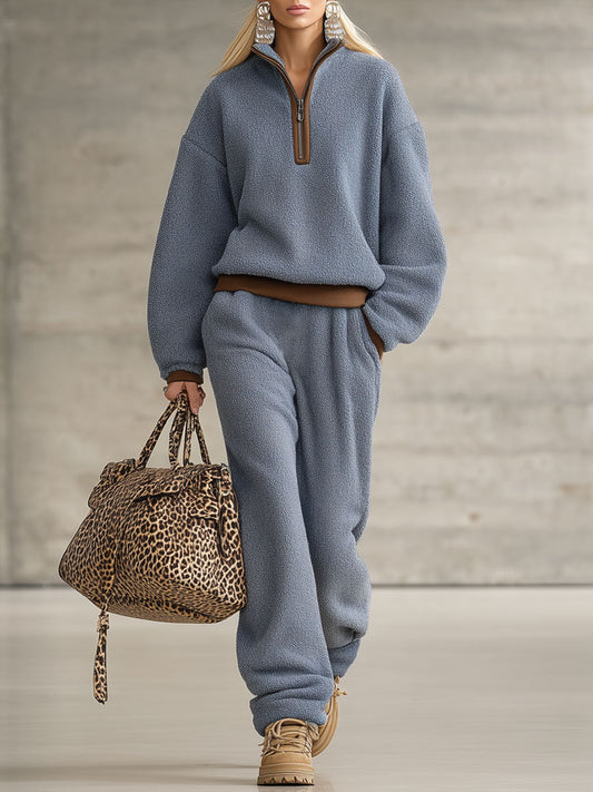 Fashion Retro Brown Trim Blue Polar Fleece Zipper Sweatshirt Pants Set