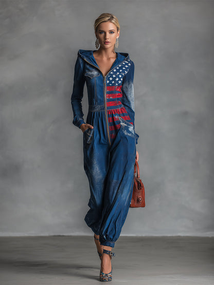 Fashionable Personalized Printed Hooded Front Zipper Blue Denim Long-sleeved Loose Jumpsuit