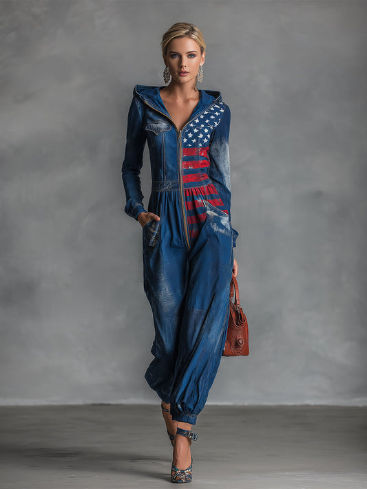 Fashionable Personalized Printed Hooded Front Zipper Blue Denim Long-sleeved Loose Jumpsuit