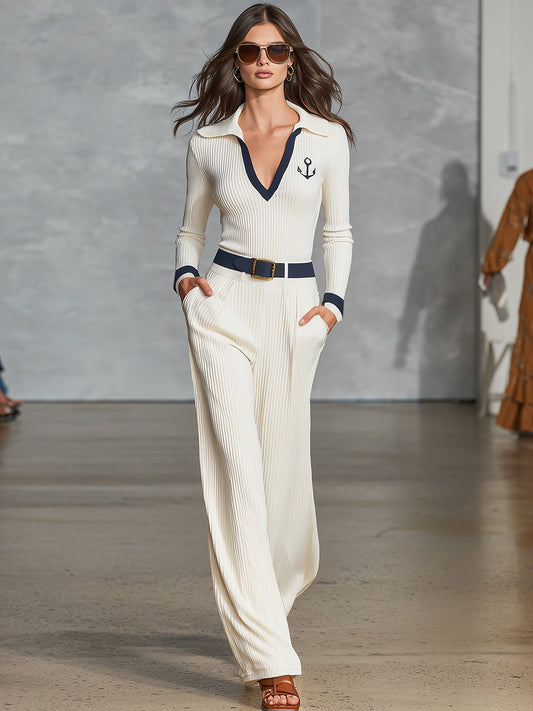 Elegant V-neck Lapel Navy Blue Trim Off-white Knitted Sweater And Trousers Set