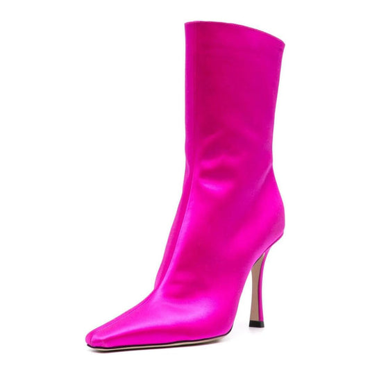 Fuchsia Satin Snip Toe Stiletto Heel Ankle Boots with Back Zipper