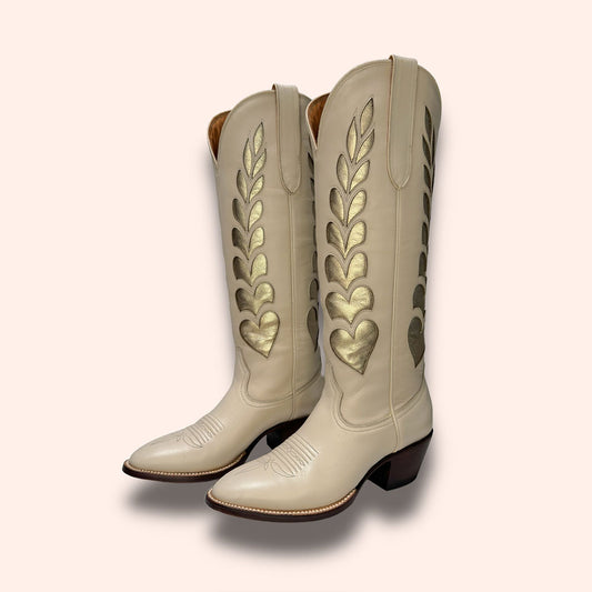 Beige & Gold Heart Inlay Round Toe Chunky Heel Knee-High Cowgirl Boots