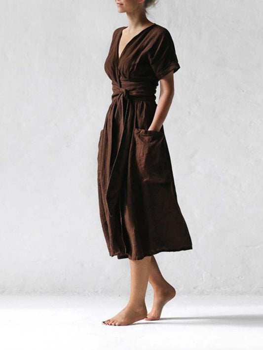 Women's Fashion V Neck Belt High Waist Short Sleeves Linen Dress