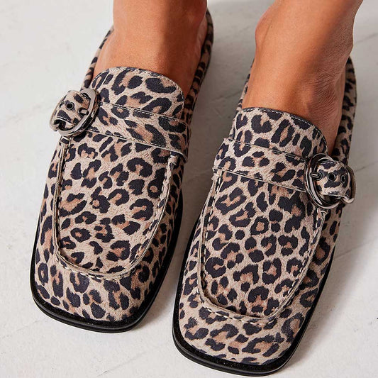 Beige Leopard Print Square Toe Flat Buckled Slip-On Mules