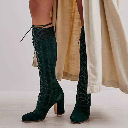 Dark Green Vegan Suede Sewed Knee Lace Up Boots with Block Heels