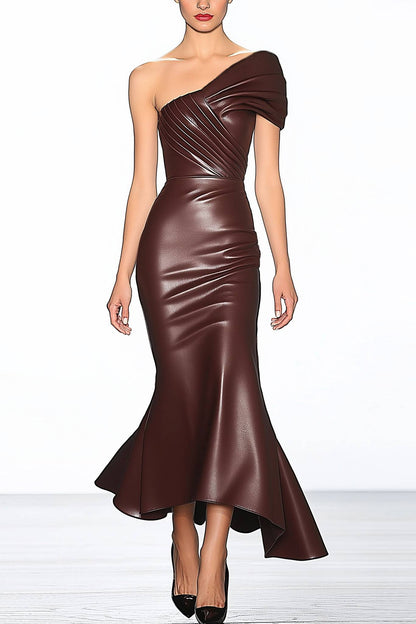 Formal Evening Dark Brown Gown One-Shoulder Leather Mermaid Dress