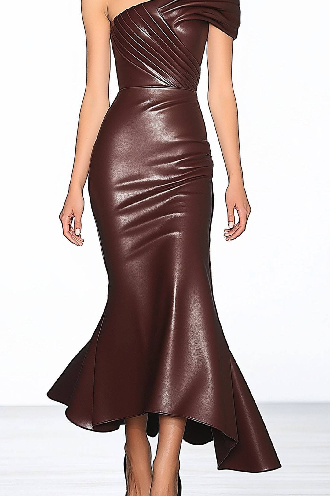 Formal Evening Dark Brown Gown One-Shoulder Leather Mermaid Dress