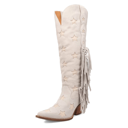 Beige Snip Toe Chunky Heel Fringe Knee-High Cowboy Boots for Women