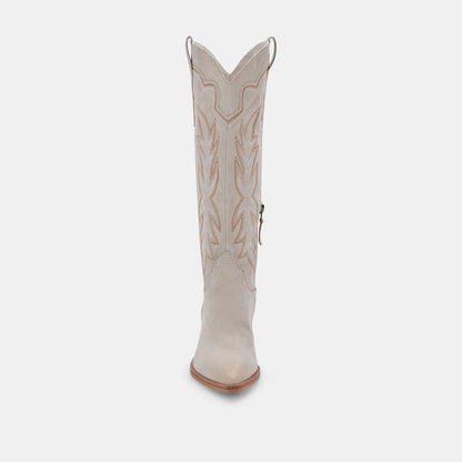 Beige Pointed Toe Chunky Heel Embroidered Knee High Cowgirl Boots