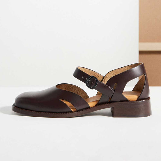Dark Brown Leather Square Toe Buckle Strap Block Heel Mary Janes