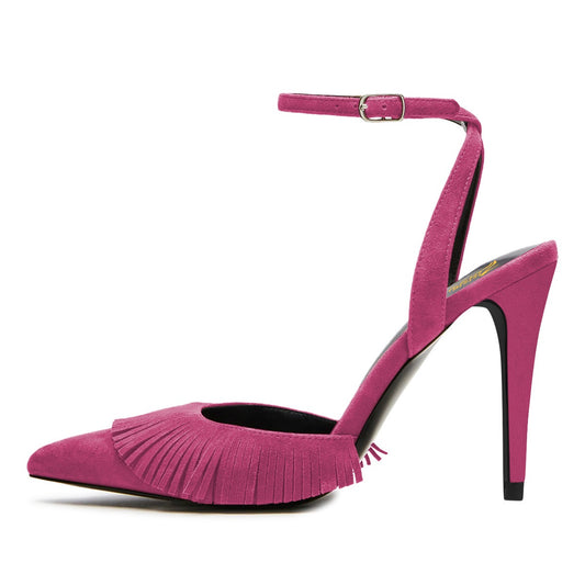Fuchsia Pointed Toe Fringe Stiletto Heel Ankle Strap Pumps Shoes