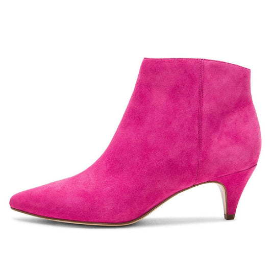 Fuchsia Faux Suede Pointed Toe Ankle Boots Kitten Heel Booties