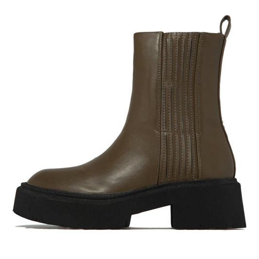 Dark Brown Round Toe Elastic Panel Chunky Heel Platform Booties