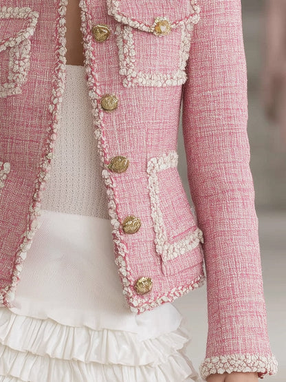 Designer Pink Tweed Patchwork White Trim Button Jacket