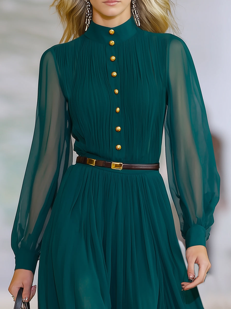 Exquisite And Fashionable Gold Button Dark Green Chiffon Maxi Dress