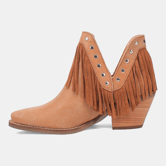 Fashion Brown Snip Toe Studded V-Cut Chunky Heel Fringe Booties