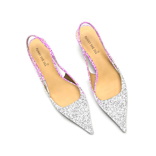 Glitter Pointed Toe Sparkling Silver And Pink Slingback Kitten Heel Pump For Women