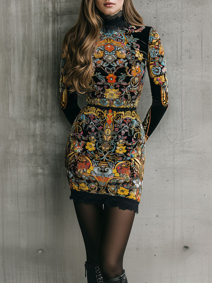 Baroque Multicolor Floral Print Velvet Lace Trim Mini Dress
