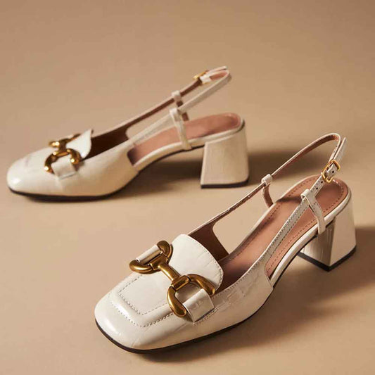 Beige Patent Leather Square Toe Chunky Heel Slingback Pumps