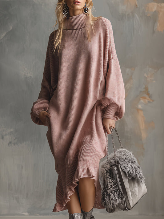 Elegant Lazy Dry Pink High Collar Ruffle Hem Ruffle Knitted Loose Midi Dress