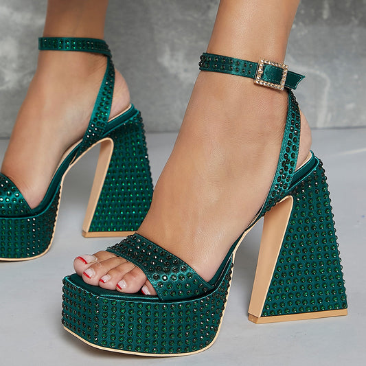 Elegant Green Open Square Toe Platform Heeled Rhinestone Sandals