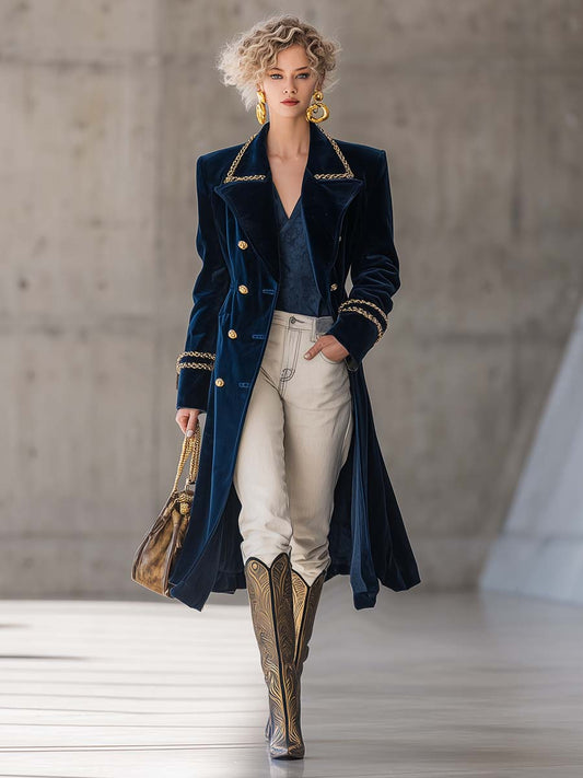 Exquisite Retro Western Gold Trim Large Lapel Metal Front Button Dark Blue Wide Shoulder Velvet Coat