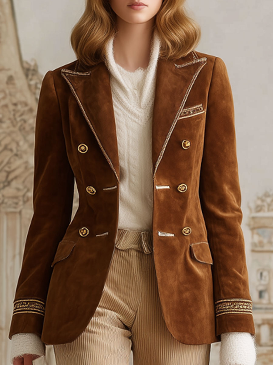 Fashion Vintage Gold Trim Caramel Faux Suede Blazer