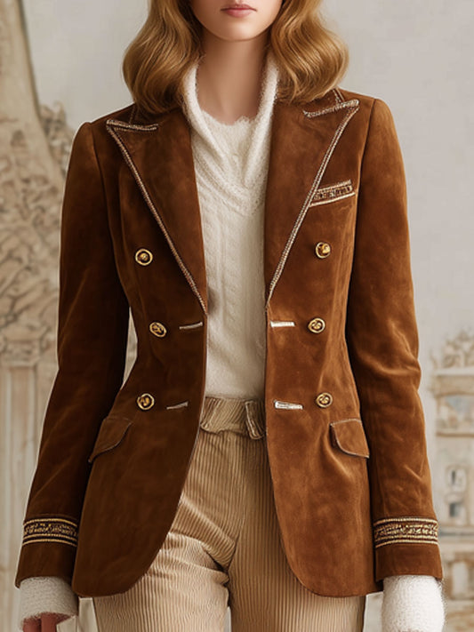 Fashion Vintage Gold Trim Caramel Faux Suede Blazer