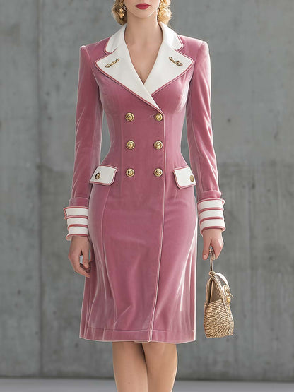 Elegant Vintage Exquisite Contrast Lapel Double-breasted Light Pink Velvet Midi Dress