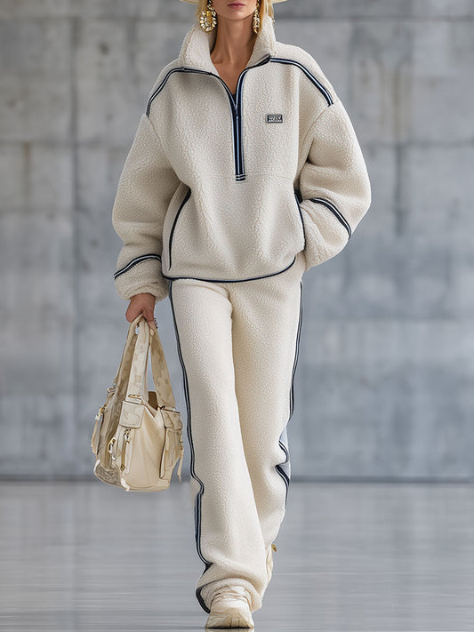 Fashion Retro Blue Trim Beige Polar Fleece Zipper Sweatshirt Pants Set