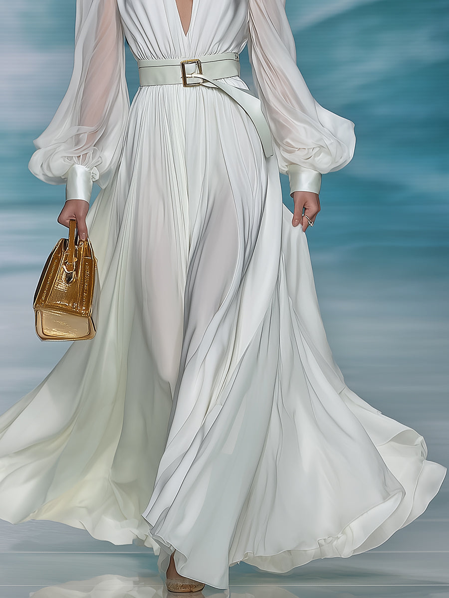 Elegant And Charming White V-neck Lantern Sleeve Maxi Dress
