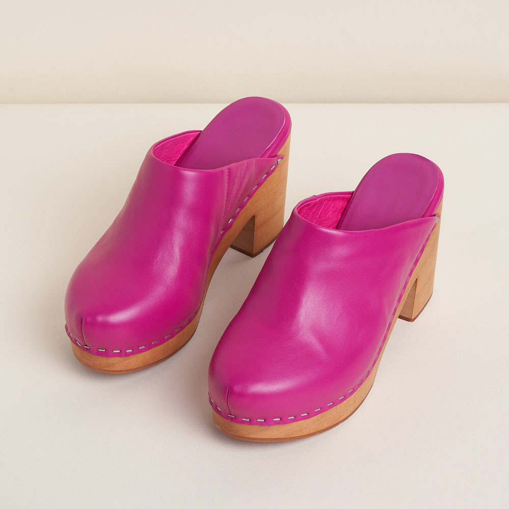 Fuchsia Vegan Leather Round Toe Chunky Heel Clog Platform Mules