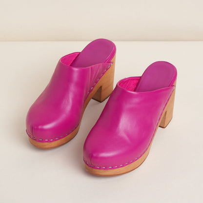 Fuchsia Vegan Leather Round Toe Chunky Heel Clog Platform Mules