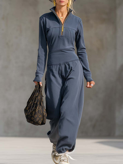 Exquisite Casual Sports Lapel Front Zipper Long Sleeve Retro Gray-blue Cotton Jumpsuit