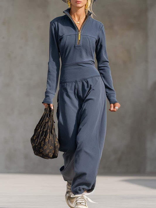 Exquisite Casual Sports Lapel Front Zipper Long Sleeve Retro Gray-blue Cotton Jumpsuit