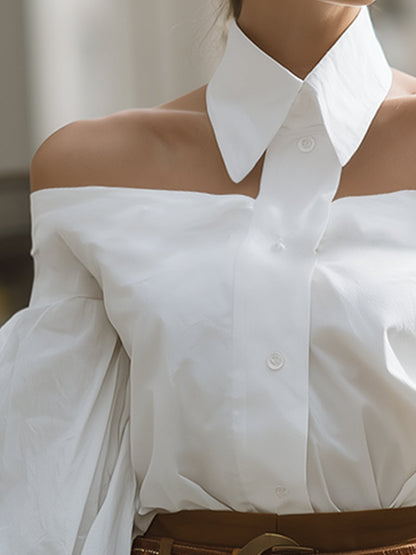 Fashionable Professional Lapel White One-shoulder Long-sleeved Blouse