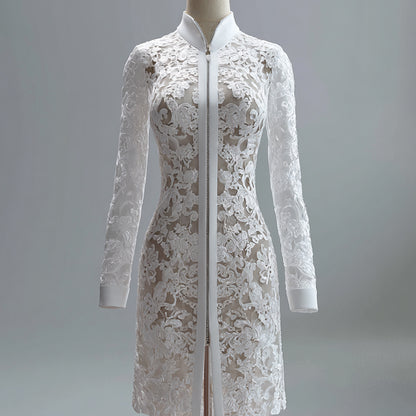Ursime Lace Mandarin Collar Zipper Long Sleeve Sheath Midi Dress