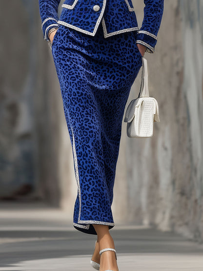 Elegant Lapel Single-breasted Suit And Skirt Leopard Velvet Two-piece Suit