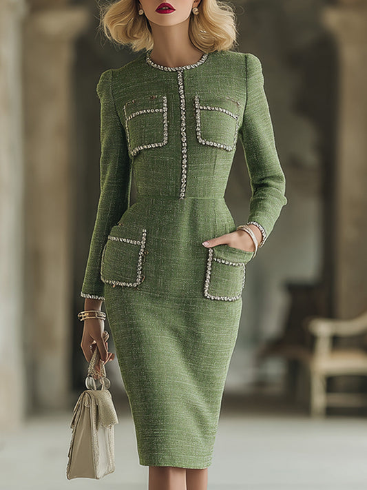 Elegant And Exquisite Green Round Neck Tweed Long Sleeve Midi Dress