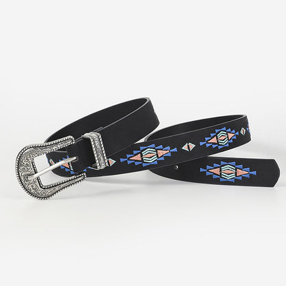 Ethnic Floral Leaf Pattern Embroidered Buckle Belt