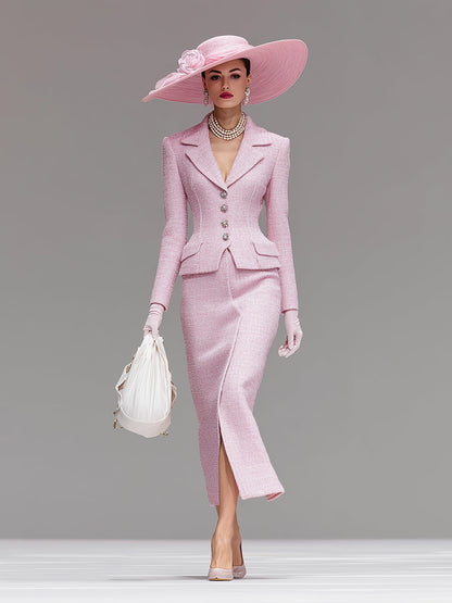 Designer Pink Tweed Blazer And Skirt Suit