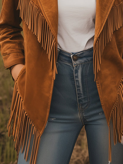 Fashionable Retro Western Caramel Faux Suede Tassel Lapel Blazer