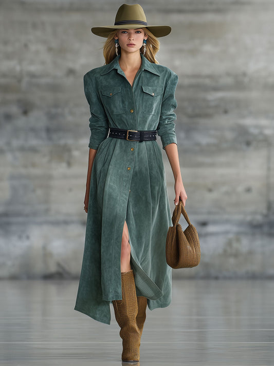 Fashion Retro Teal Faux Suede Long Sleeve Lace-Up Midi Dress