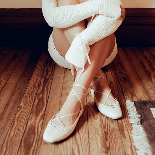 Beige Vegan Leather Round Toe Flat Lace-Up Comfy Ballet Shoes