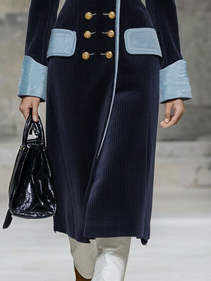 Fashion Retro Blue Velvet Stitching Navy Blue Corduroy Long Coat