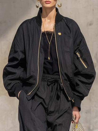Exquisite Fashion Sports Black Nylon Baseball Jacket And Pants Set