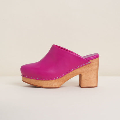 Fuchsia Vegan Leather Round Toe Chunky Heel Clog Platform Mules