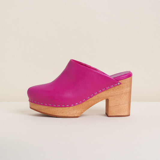 Fuchsia Vegan Leather Round Toe Chunky Heel Clog Platform Mules